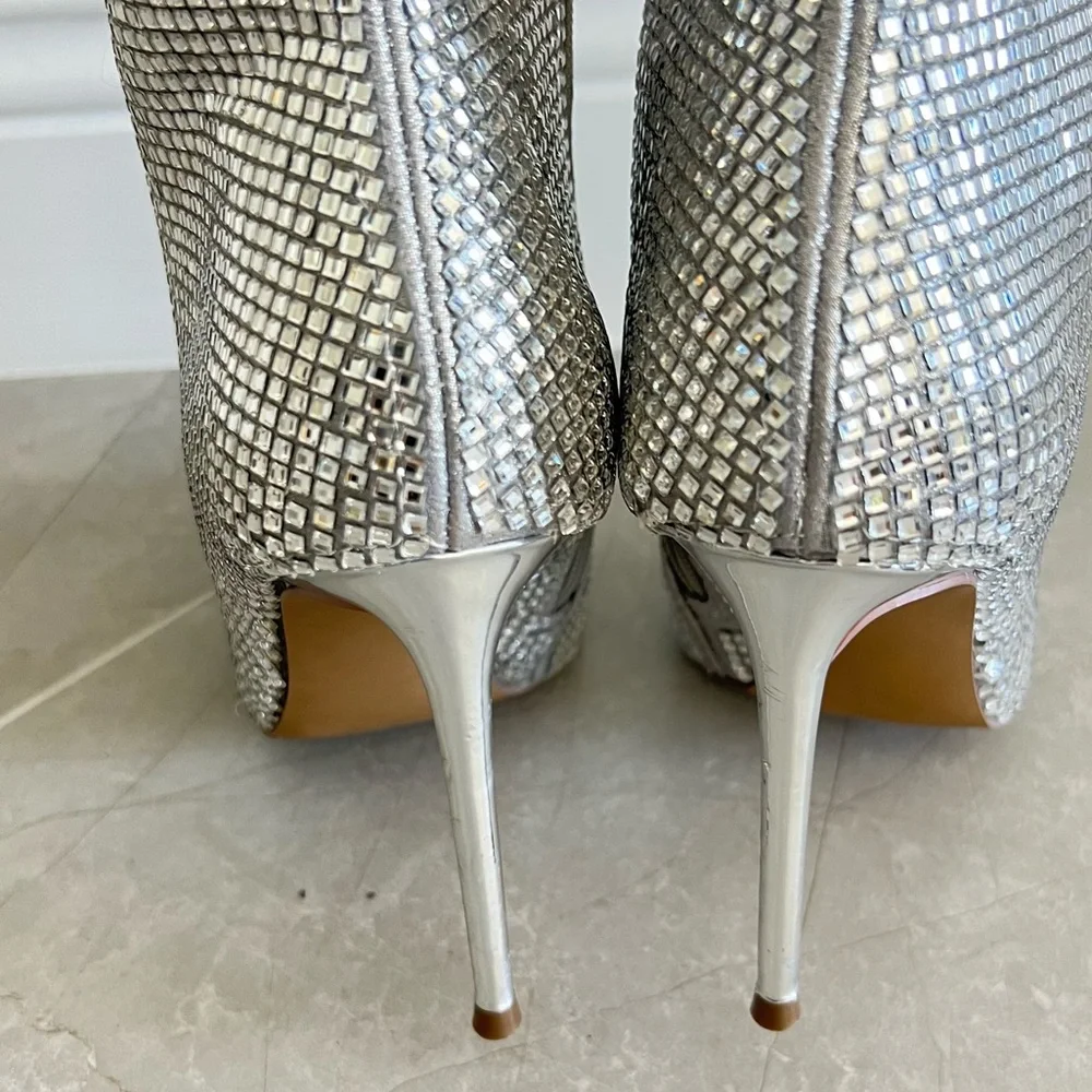 STEVE MADDEN Skyscraper Rhinestone Bling Silver Over The Knee Heels Boots Sz 6.5